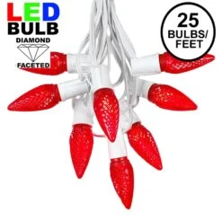 25 Light String Set With Red LED C9 Bulbs On White Wire