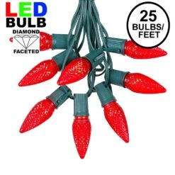 25 Light String Set With Red LED C9 Bulbs On Green Wire