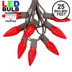 25 Light String Set With Red LED C9 Bulbs On Brown Wire