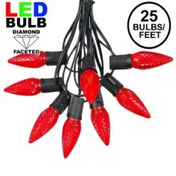 25 Light String Set With Red LED C9 Bulbs On Black Wire