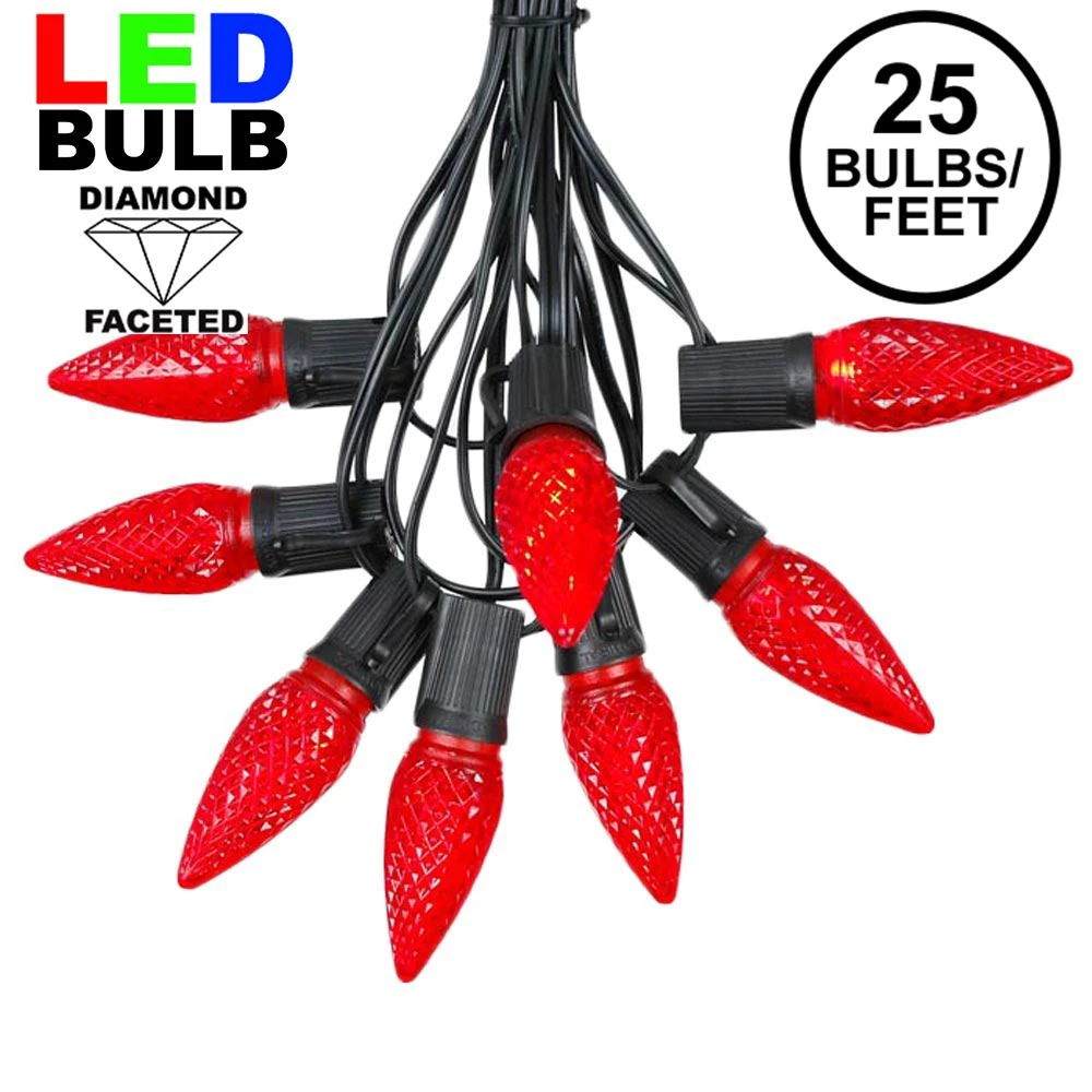25 Light String Set With Red LED C9 Bulbs On Black Wire 1 25 Light String Set With Red LED C9 Bulbs On Black Wire