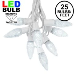 25 Light String Set With Pure White LED C9 Bulbs On White Wire