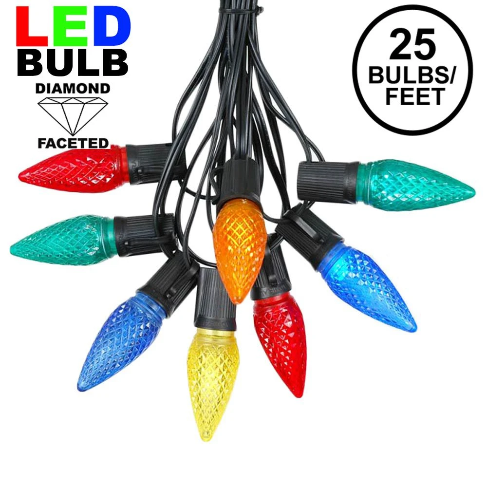 25 Light String Set With Multi Colored LED C9 Bulbs On Black Wire 1 25 Light String Set With Multi Colored LED C9 Bulbs On Black Wire