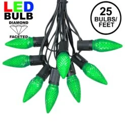 25 Light String Set With Green LED C9 Bulbs On Black Wire