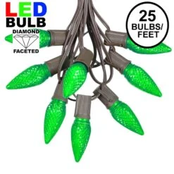 25 Light String Set With Green LED C9 Bulbs On Brown Wire