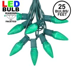 25 Light String Set With Green LED C9 Bulbs On Green Wire