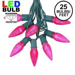 25 Light String Set With Pink LED C9 Bulbs On Green Wire
