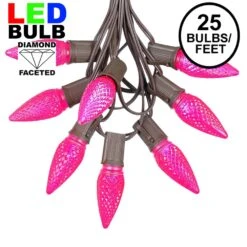 25 Light String Set With Pink LED C9 Bulbs On Brown Wire