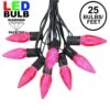 25 Light String Set With Pink LED C9 Bulbs On Black Wire