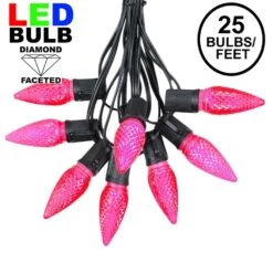 25 Light String Set With Pink LED C9 Bulbs On Black Wire
