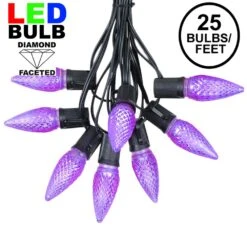 25 Light String Set With Purple LED C9 Bulbs On Black Wire