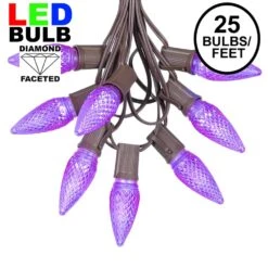 25 Light String Set With Purple LED C9 Bulbs On Brown Wire
