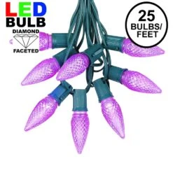 25 Light String Set With Purple LED C9 Bulbs On Green Wire