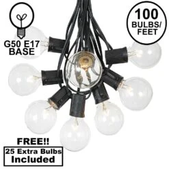 100 G50 Globe Light String Set With Clear Bulbs On Black Wire
