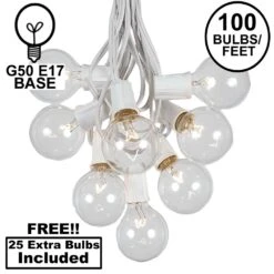 100 G50 Globe Light String Set With Clear Bulbs On White Wire