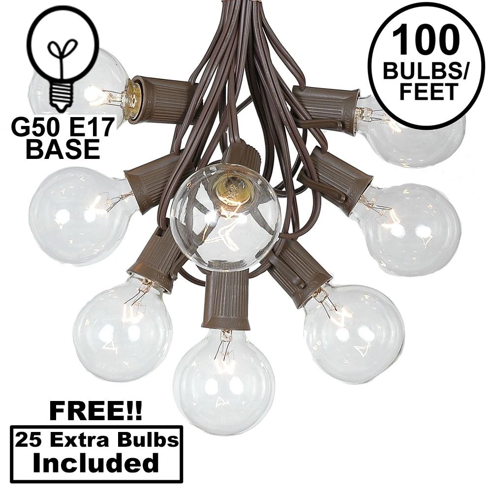 100 G50 Globe Light String Set With Clear Bulbs On Brown Wire 1 100 G50 Globe Light String Set With Clear Bulbs On Brown Wire