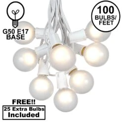 100 G50 Globe Light String Set With Frosted White Bulbs On White Wire