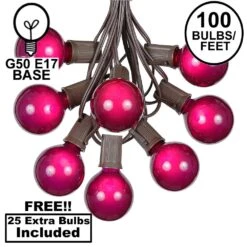 100 G50 Globe Light String Set With Purple Bulbs On Brown Wire