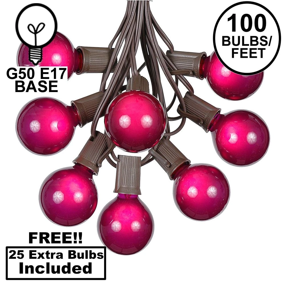 100 G50 Globe Light String Set With Purple Bulbs On Brown Wire 1 100 G50 Globe Light String Set With Purple Bulbs On Brown Wire