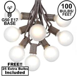 100 G50 Globe Light String Set With Frosted Bulbs On Brown Wire