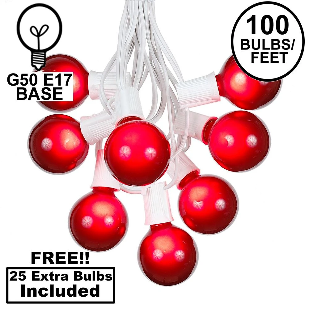 100 G50 Globe Light String Set With Red Bulbs On White Wire 1 100 G50 Globe Light String Set With Red Bulbs On White Wire