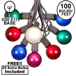 100 G50 Globe Light String Set With Assorted Satin Bulbs On Brown Wire