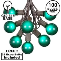 100 G50 Globe Light String Set With Green Bulbs On Brown Wire
