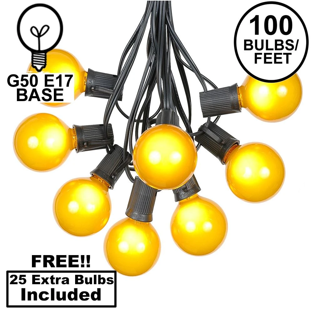 100 G50 Globe Light String Set With Yellow Bulbs On Black Wire 1 100 G50 Globe Light String Set With Yellow Bulbs On Black Wire