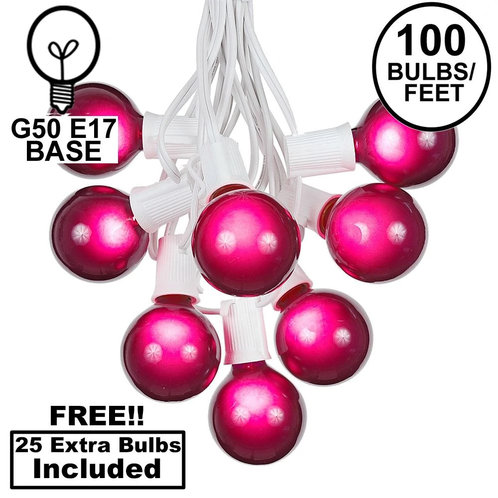 100 G50 Globe Light String Set With Purple Bulbs On White Wire 1 100 G50 Globe Light String Set With Purple Bulbs On White Wire