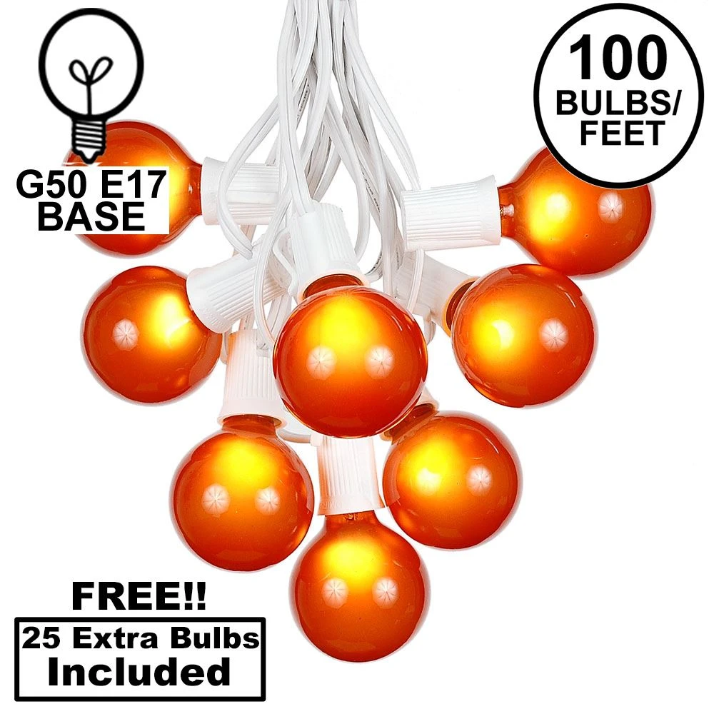 100 G50 Globe Light String Set With Orange Bulbs On White Wire 1 100 G50 Globe Light String Set With Orange Bulbs On White Wire