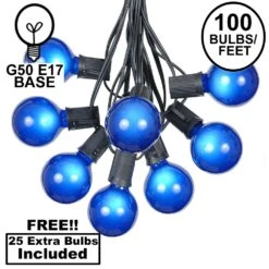 100 G50 Globe Light String Set With Blue Bulbs On Black Wire