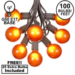 100 G50 Globe Light String Set With Orange Bulbs On Brown Wire