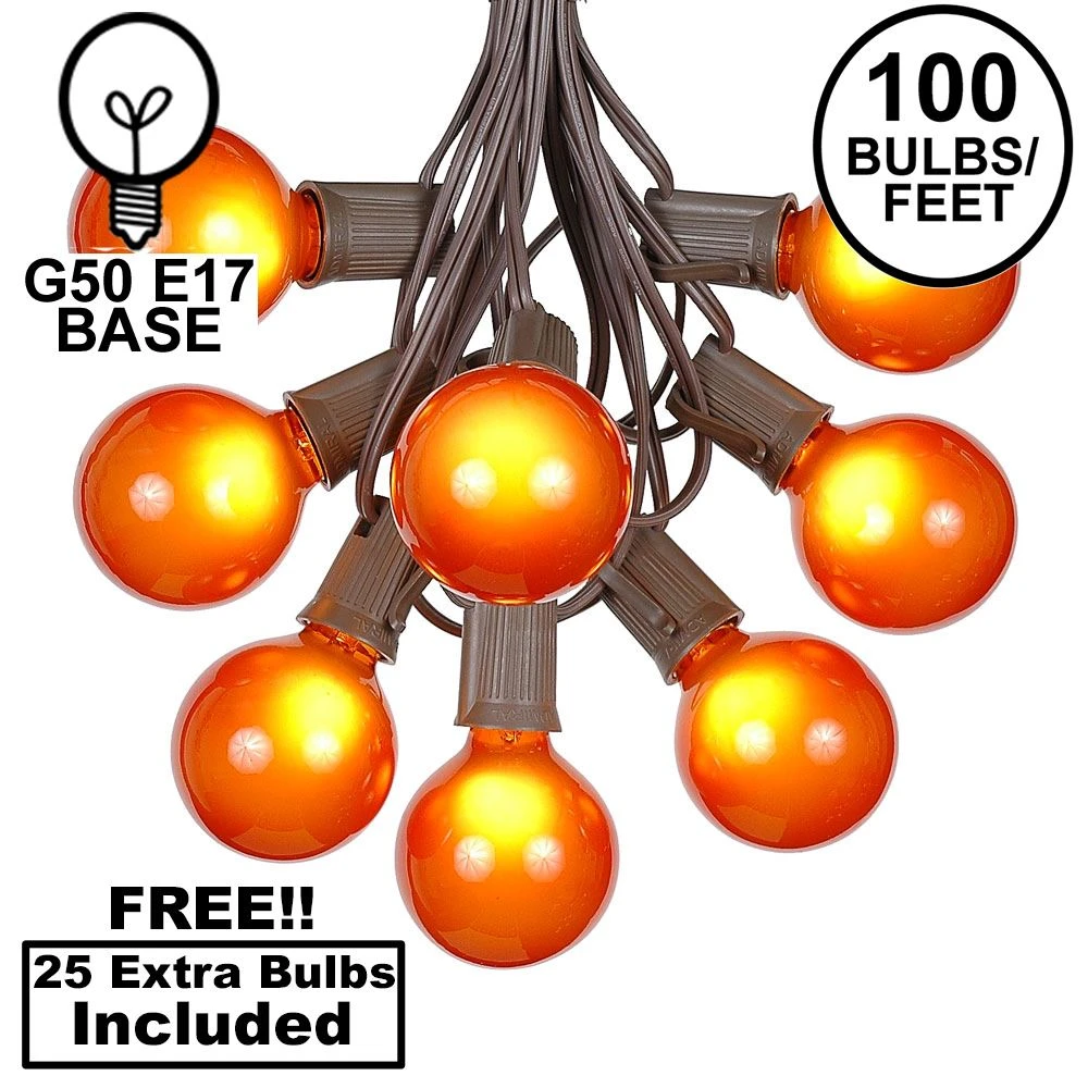 100 G50 Globe Light String Set With Orange Bulbs On Brown Wire 1 100 G50 Globe Light String Set With Orange Bulbs On Brown Wire