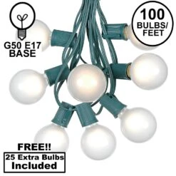 100 G50 Globe Light String Set With Frosted White On Green Wire