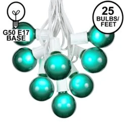 100 G50 Globe Light String Set With Green Bulbs On White Wire