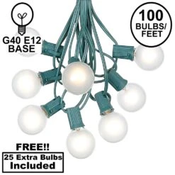 100 G40 Globe String Light Set With Frosted White Bulbs On Green Wire