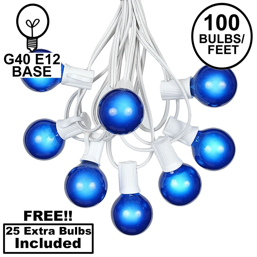 100 G40 Globe String Light Set With Blue Satin Bulbs On White Wire 1 100 G40 Globe String Light Set With Blue Satin Bulbs On White Wire