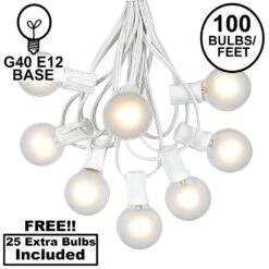 100 G40 Globe String Light Set With Frosted White Bulbs On White Wire