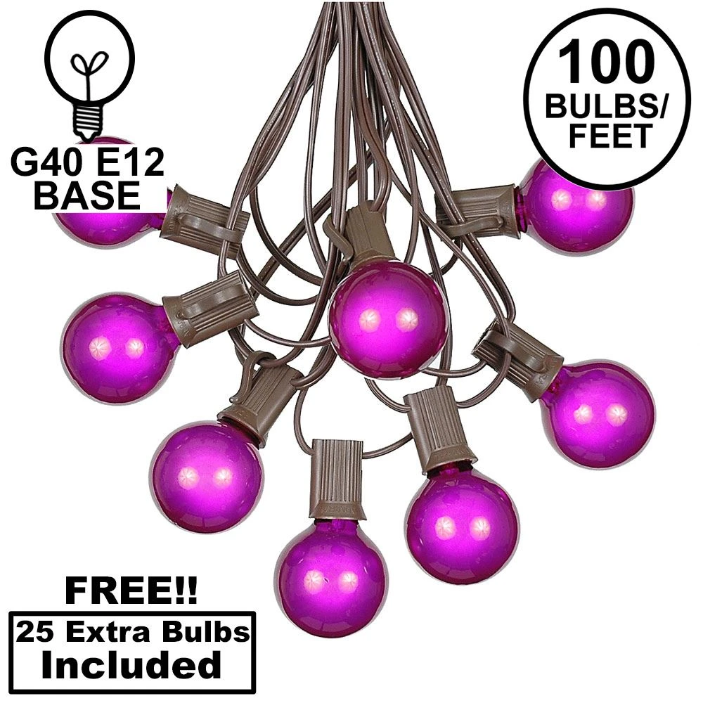 100 G40 Globe String Light Set With Purple Bulbs On Brown Wire 1 100 G40 Globe String Light Set With Purple Bulbs On Brown Wire