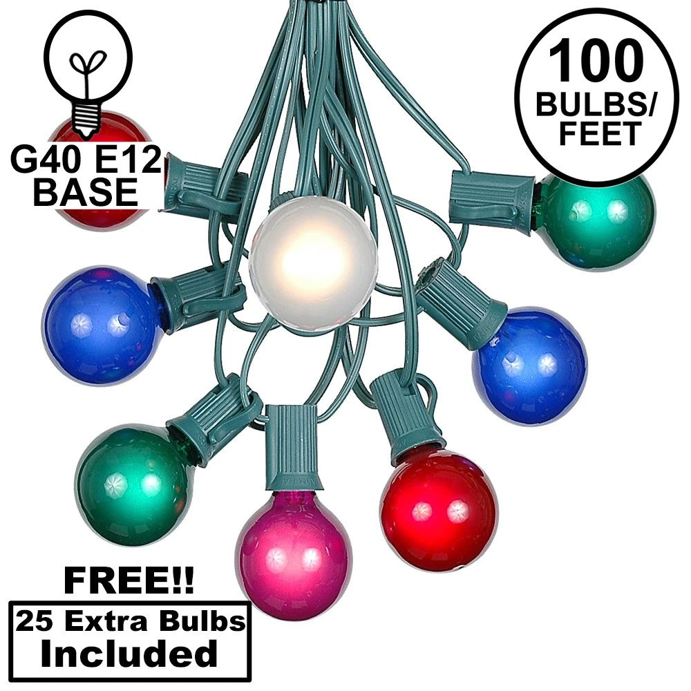 100 G40 Globe String Light Set With Multi Colored Bulbs On Green Wire 1 100 G40 Globe String Light Set With Multi Colored Bulbs On Green Wire
