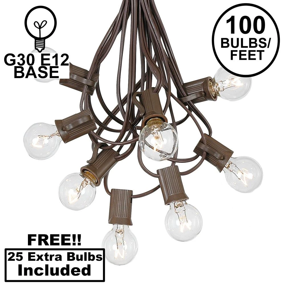 100 G30 Globe String Light Set With Clear Bulbs On Brown Wire 1 100 G30 Globe String Light Set With Clear Bulbs On Brown Wire