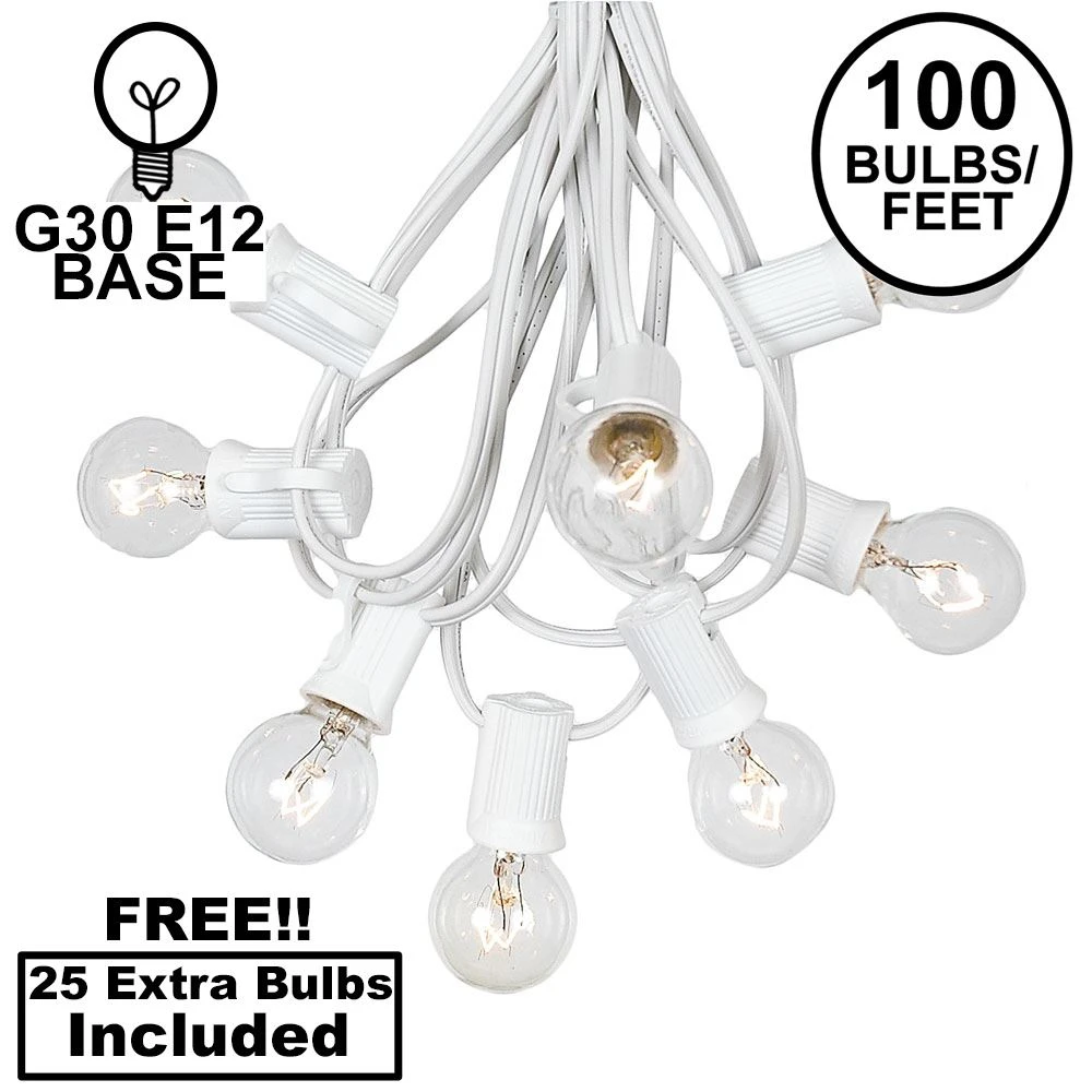 100 G30 Globe String Light Set With Clear Bulbs On White Wire 1 100 G30 Globe String Light Set With Clear Bulbs On White Wire