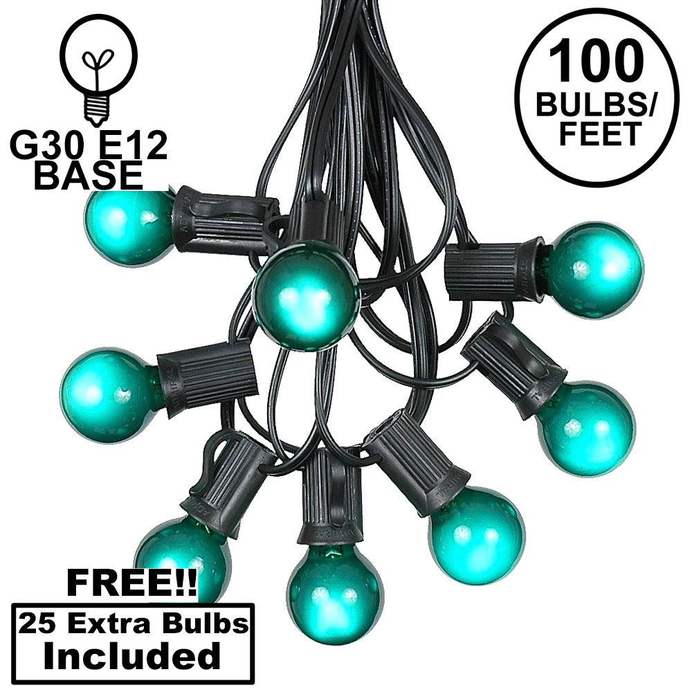 100 G30 Globe String Light Set With Green Satin Bulbs On Black Wire 1 100 G30 Globe String Light Set With Green Satin Bulbs On Black Wire