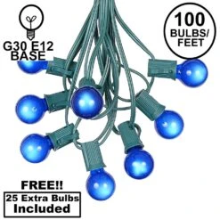 100 G30 Globe String Light Set With Blue Satin Bulbs On Green Wire