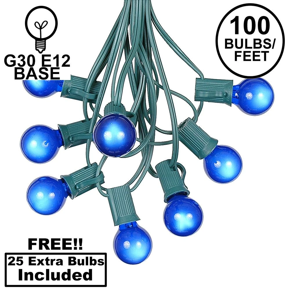 100 G30 Globe String Light Set With Blue Satin Bulbs On Green Wire 1 100 G30 Globe String Light Set With Blue Satin Bulbs On Green Wire
