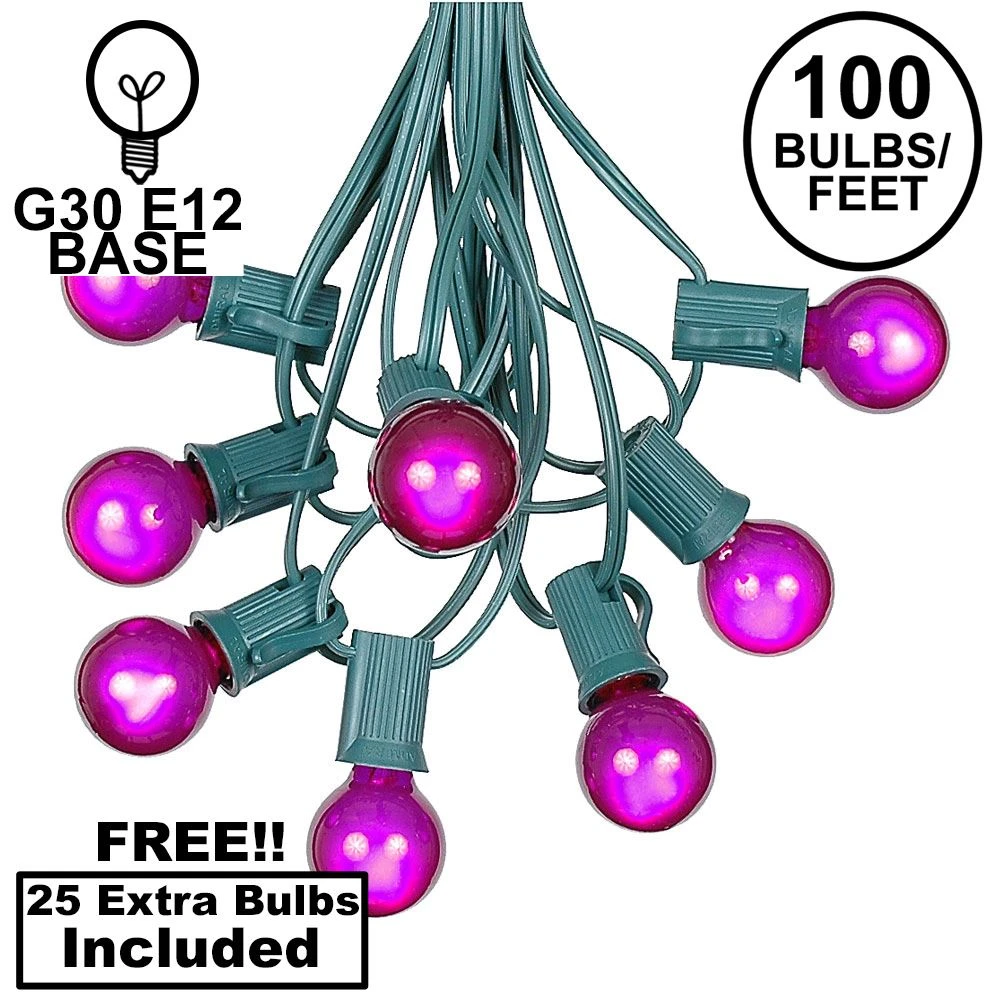 100 G30 Globe String Light Set With Purple Satin Bulbs On Green Wire 1 100 G30 Globe String Light Set With Purple Satin Bulbs On Green Wire