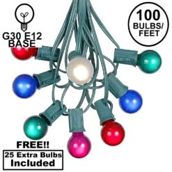 100 G30 Globe String Light Set With Multi Colored Satin Bulbs On Green Wire