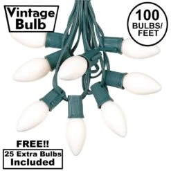 100 C9 Ceramic Christmas Light Set - White - Green Wire
