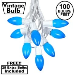 100 C9 Ceramic Christmas Light Set - Blue - White Wire