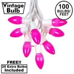 100 C9 Ceramic Christmas Light Set - Pink - White Wire